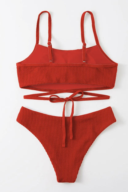 Kadın Kırmızı Çapraz Bağlama Detaylı Yüksek Bel Bikini Takımı