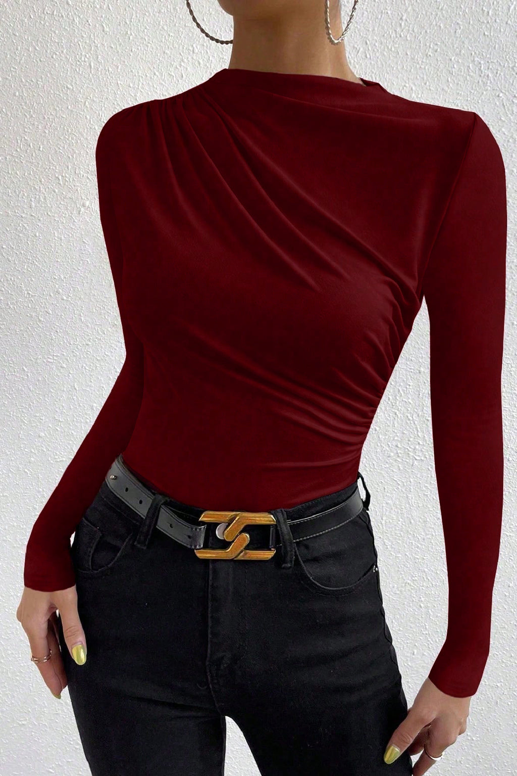 Kadın Bordo Belden ve Boyundan Büzgü Detaylı Uzun Kollu Bluz