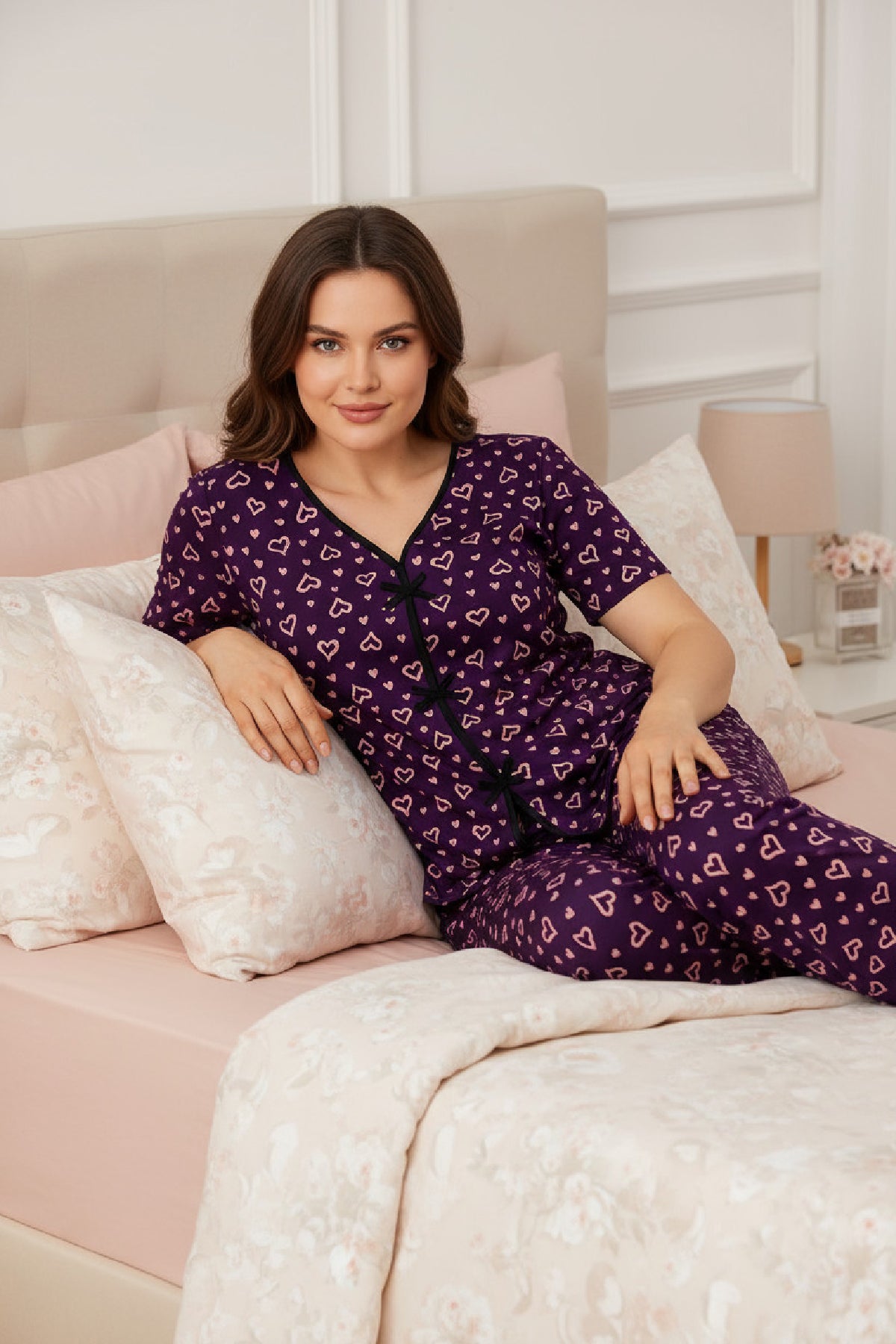 Kadın Turuncu Kalp Desenli Fiyonklu Kısa Kollu Uzun Pijama Takımı