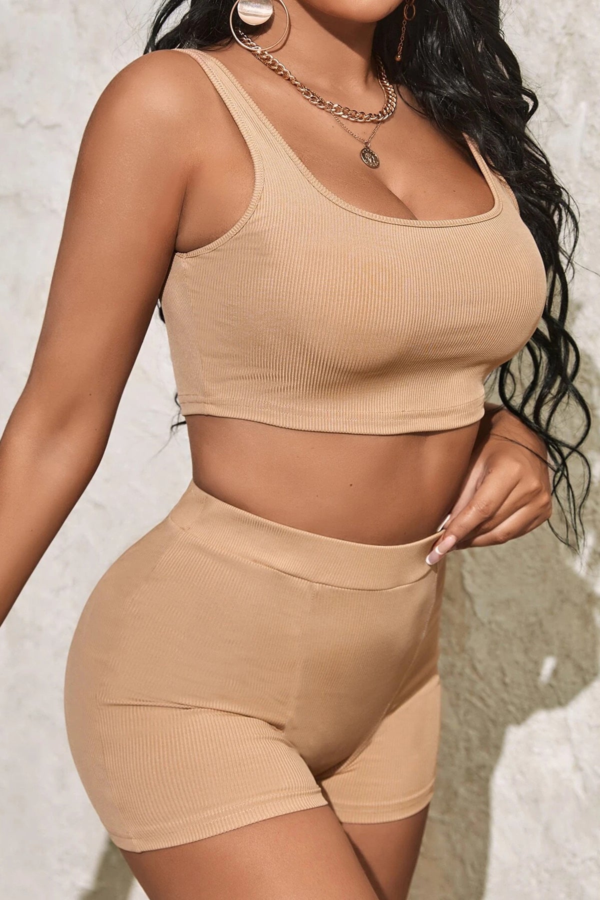 Kadın Krem Rengi Şortlu Crop Top Gecelik Takım