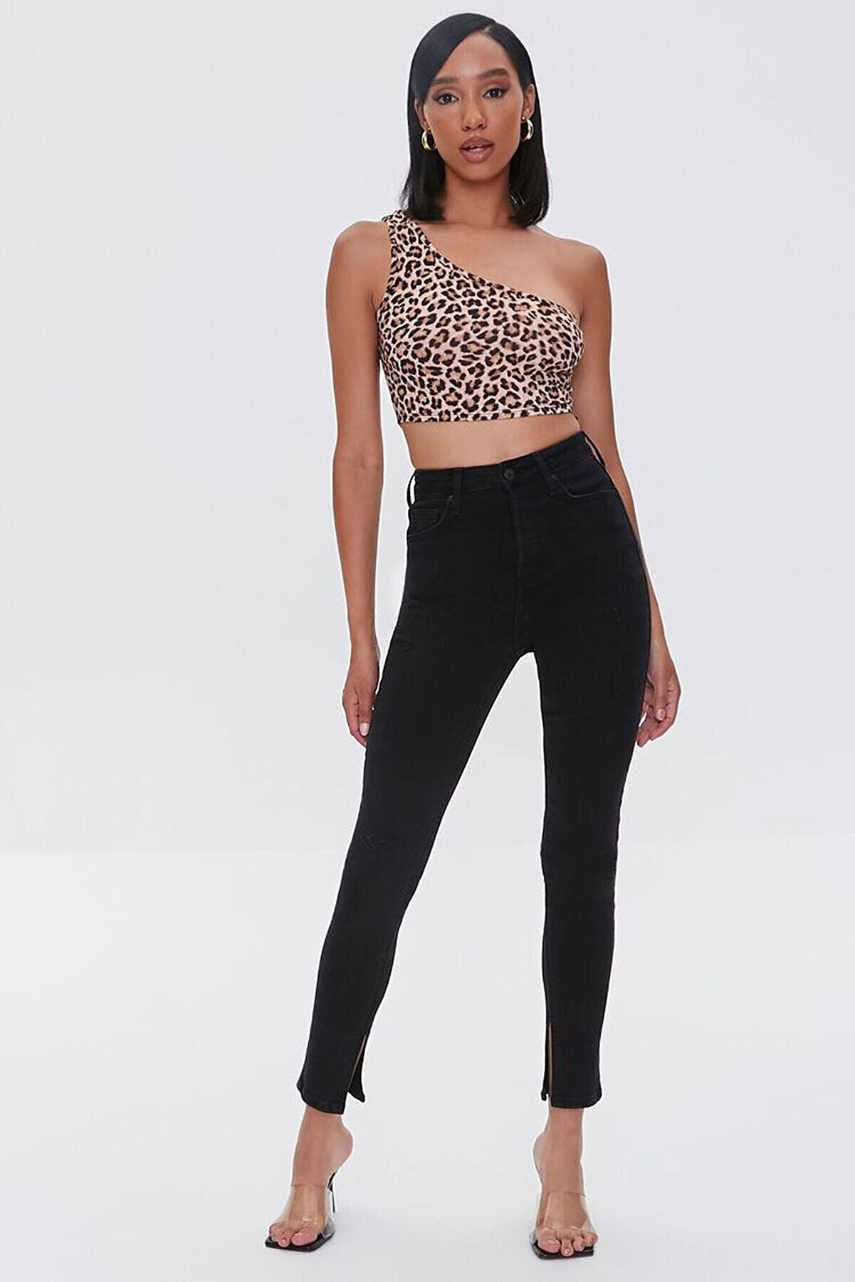 Kadın Leopar Desenli Tek Omuz Crop Büstiyer