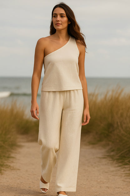 Kadın Beyaz Tek Omuzlu Şık Bluz & Geniş Paça Pantolon İkili Takım