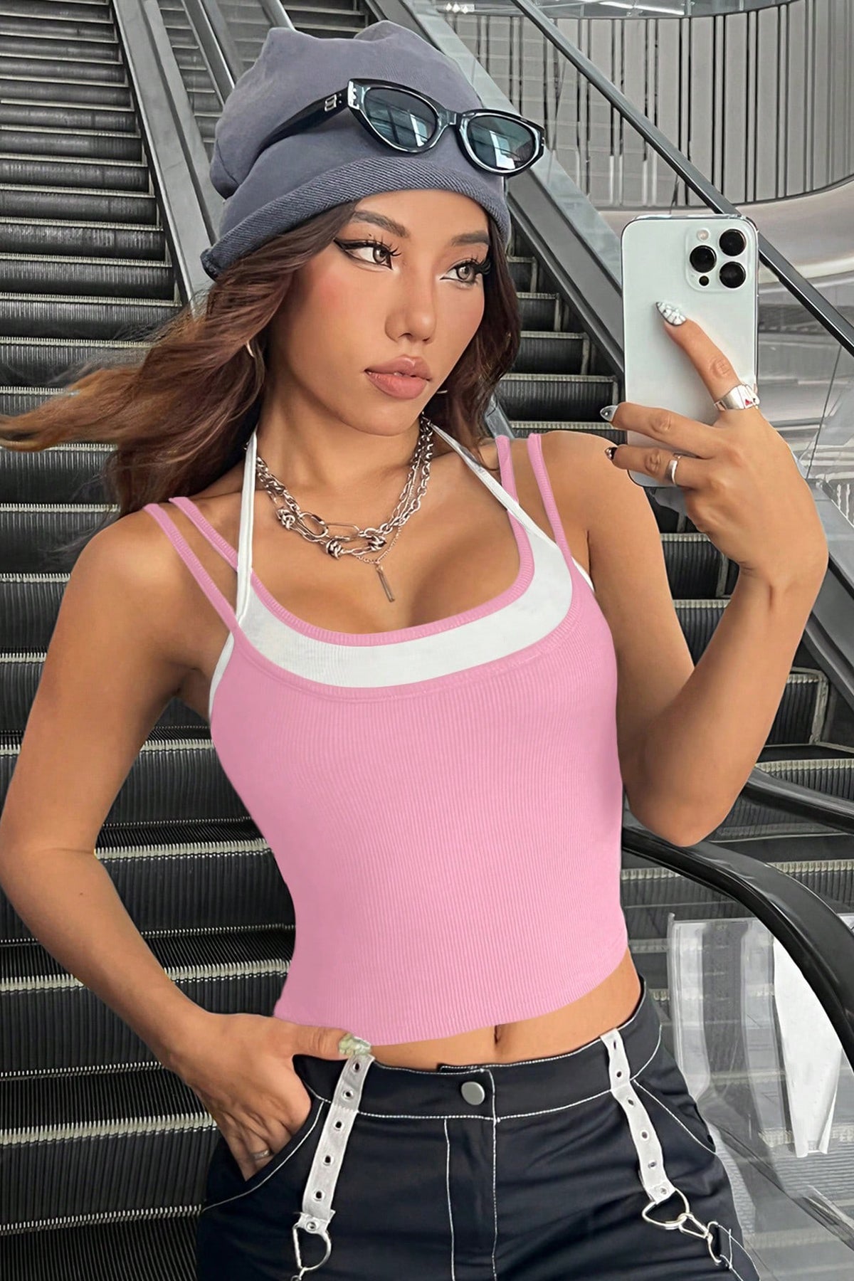 Kadın Pembe Beyaz Çift Renk Çapraz Askılı Crop Top Bluz