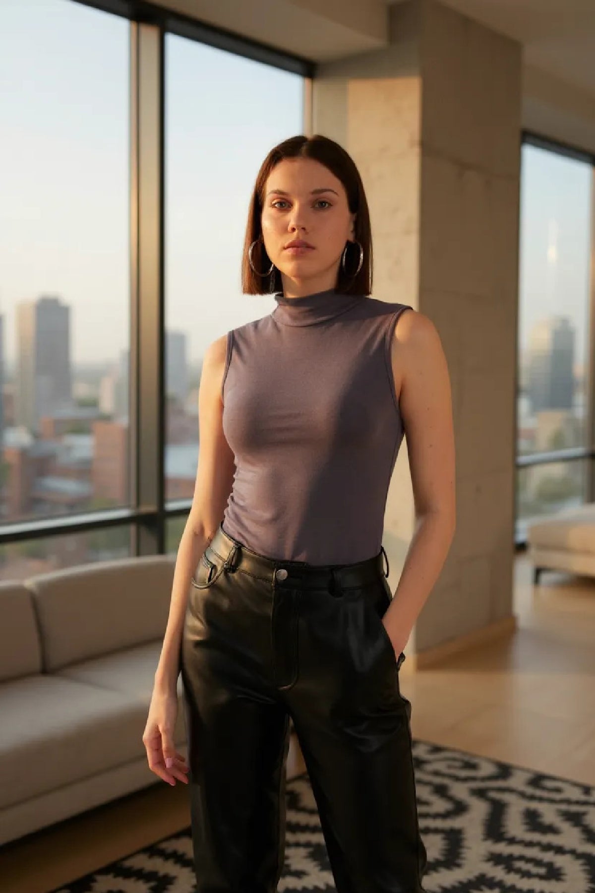 Kadın Mavi Kolsuz Balıkçı Yaka Basic Bluz