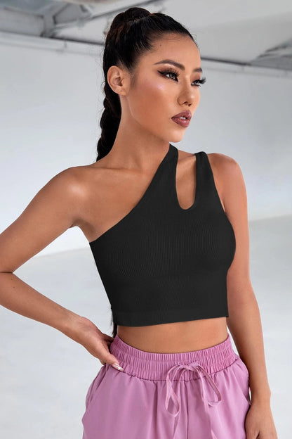 Kadın Siyah Tek Omuz Cut Out Detaylı Crop Top Bluz