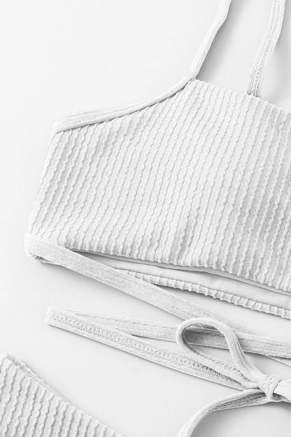 Kadın Beyaz Çapraz Bağlama Detaylı Yüksek Bel Bikini Takımı