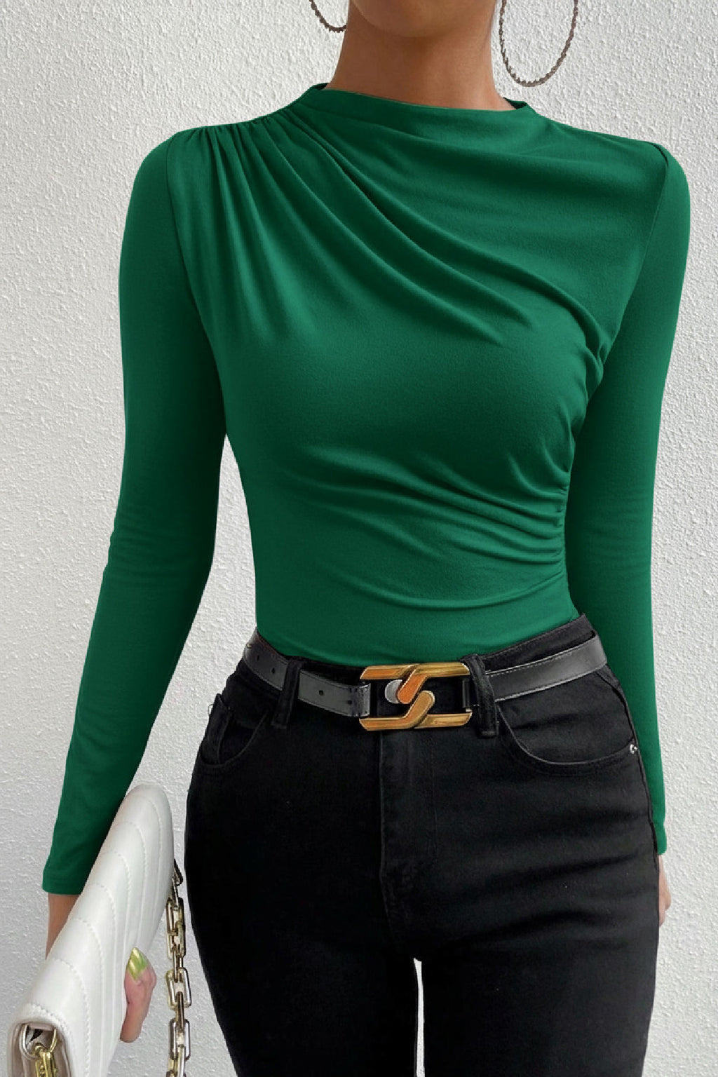 Kadın Bordo Belden ve Boyundan Büzgü Detaylı Uzun Kollu Bluz