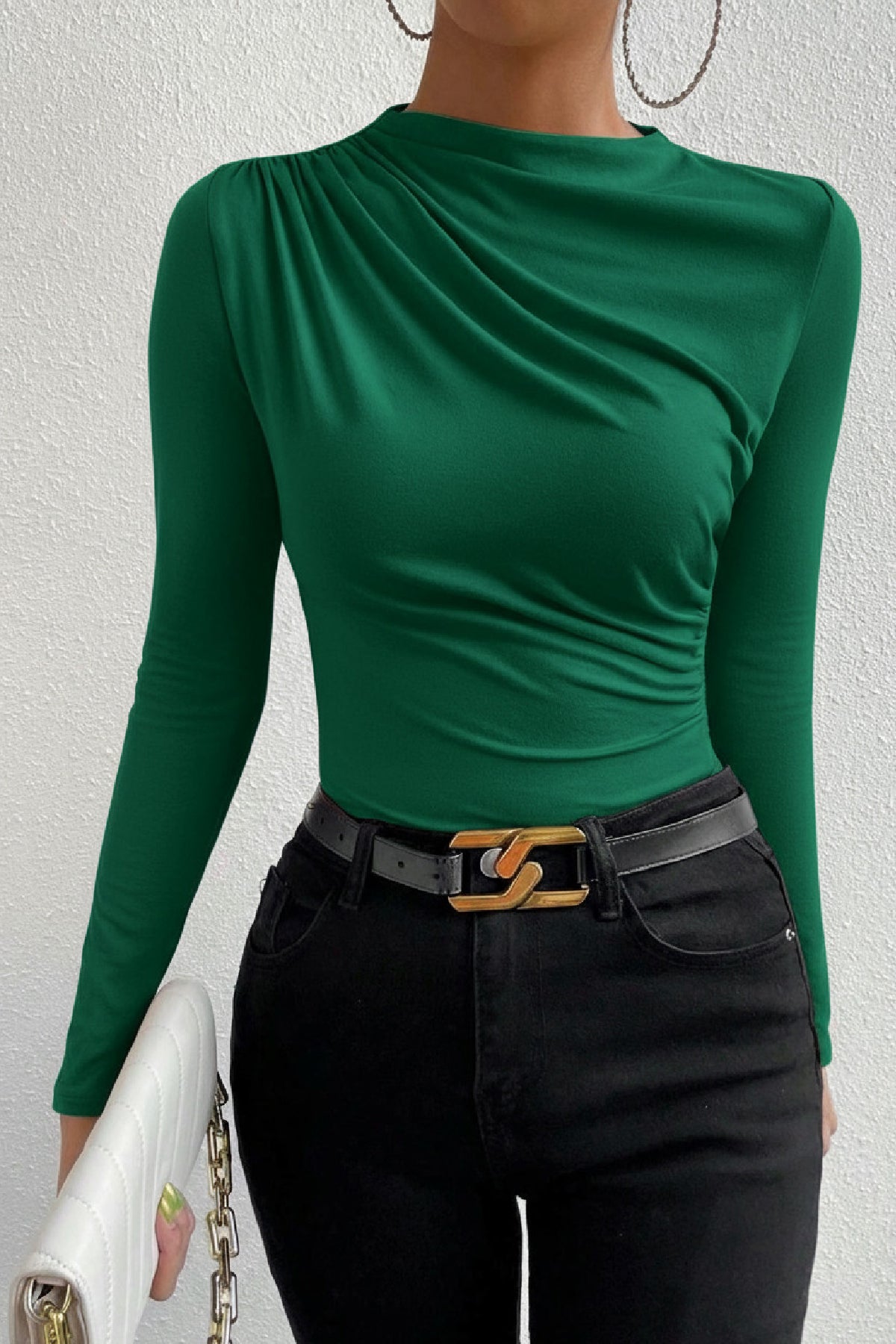 Kadın Bordo Belden ve Boyundan Büzgü Detaylı Uzun Kollu Bluz