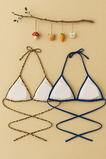 Kadın Leopar Desenli ve Mavi Minimal Kesim Üçgen Bikini Üstü