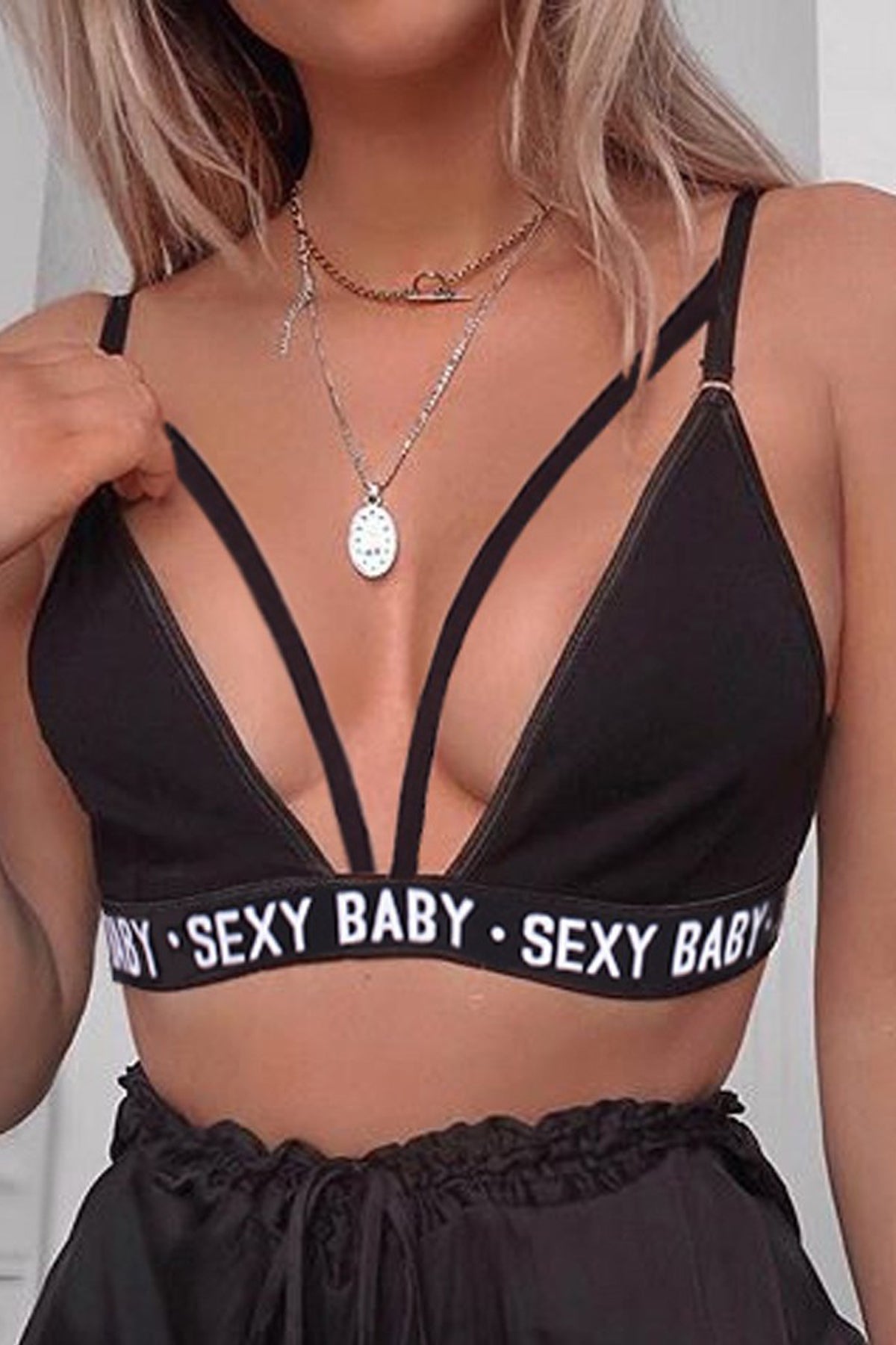 Kadın Siyah Yazı Detaylı Ipli Sütyen Takımı