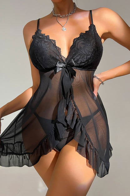 Kadın Siyah Dantelli, Fırfırlı Tül ve Fiyonk Detaylı Tangalı Gecelik Takımı