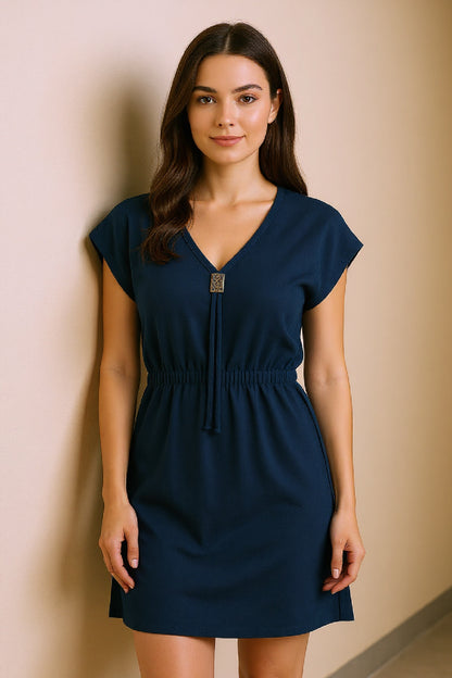 Kadın Haki Yanları Yırtmaçlı Tokalı V Yaka Mini Plaj Elbisesi