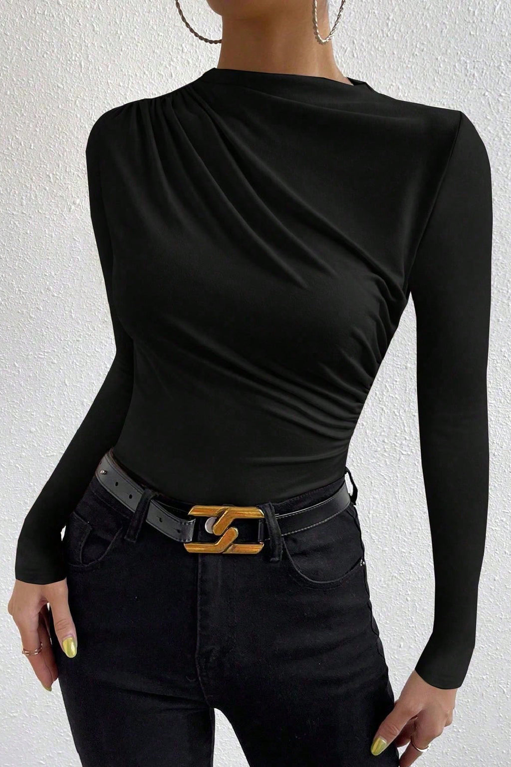 Kadın Bordo Belden ve Boyundan Büzgü Detaylı Uzun Kollu Bluz