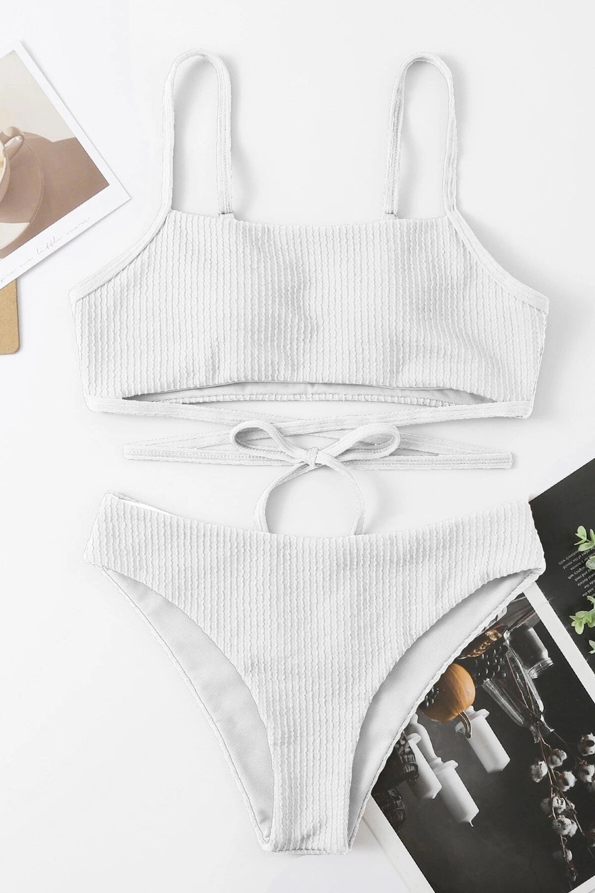Kadın Beyaz Çapraz Bağlama Detaylı Yüksek Bel Bikini Takımı