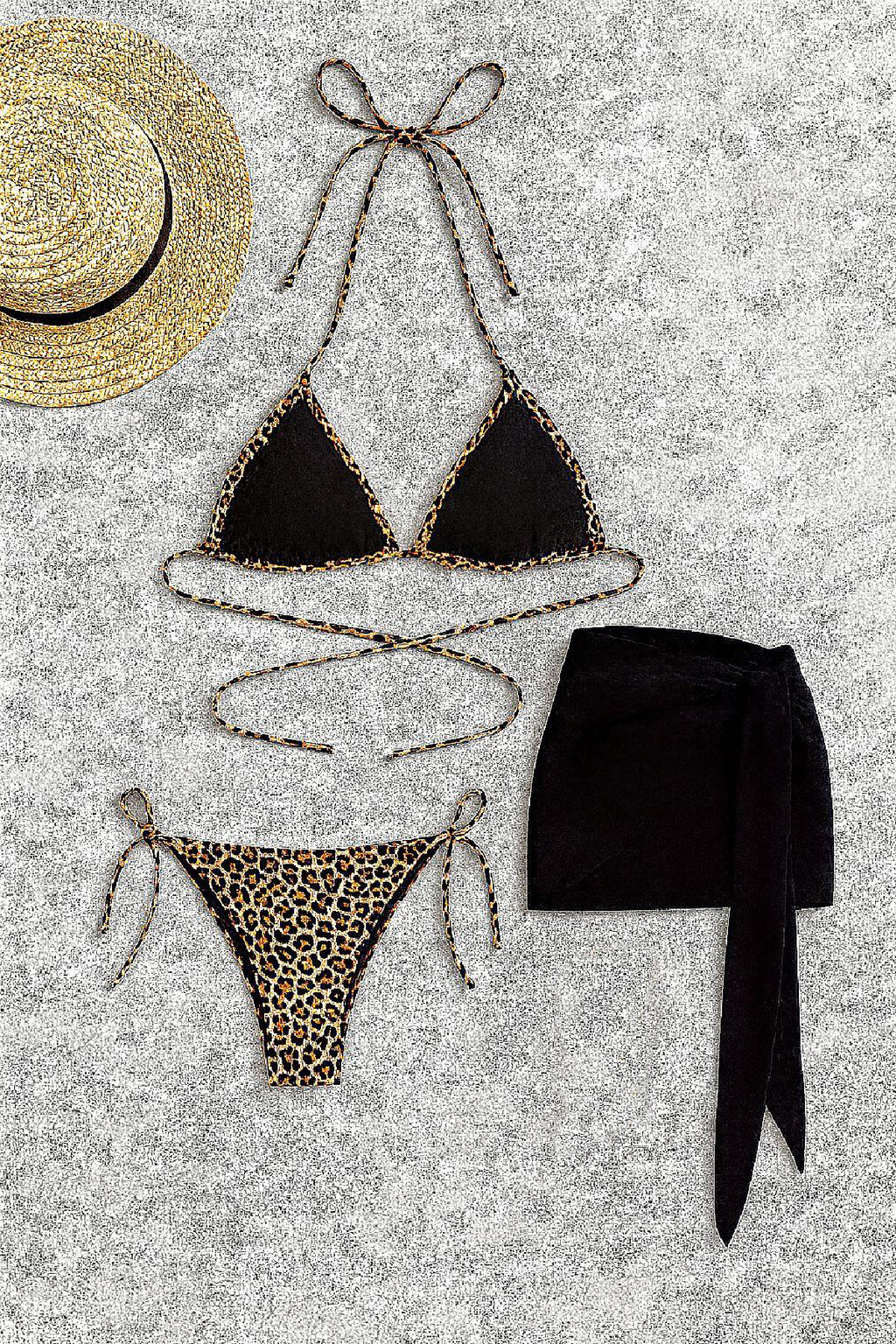 Kadın Siyah ve Leopar Desenli Pareolu 3'lü Bikini Takımı