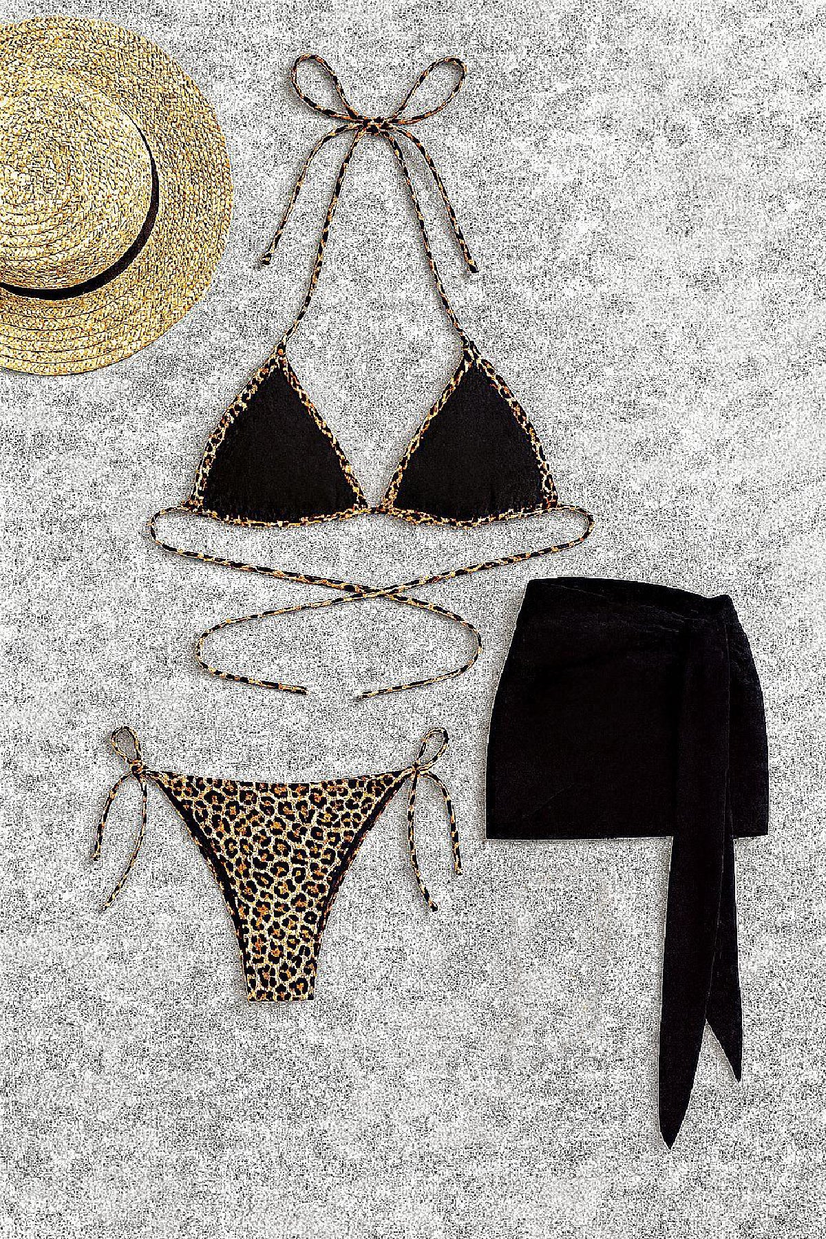 Kadın Siyah ve Leopar Desenli Pareolu 3'lü Bikini Takımı