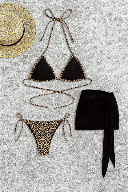 Kadın Siyah ve Leopar Desenli Pareolu 3'lü Bikini Takımı