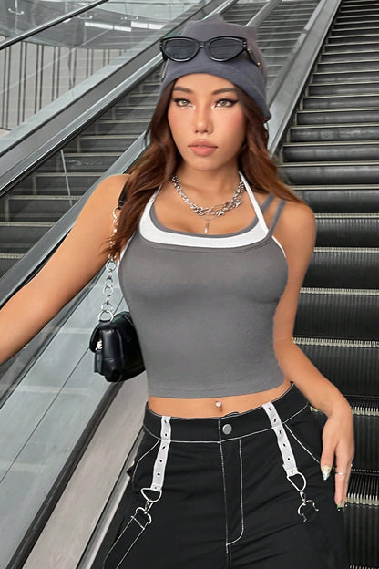 Kadın Antrasit Gri Beyaz Çift Renk Çapraz Askılı Crop Top Bluz
