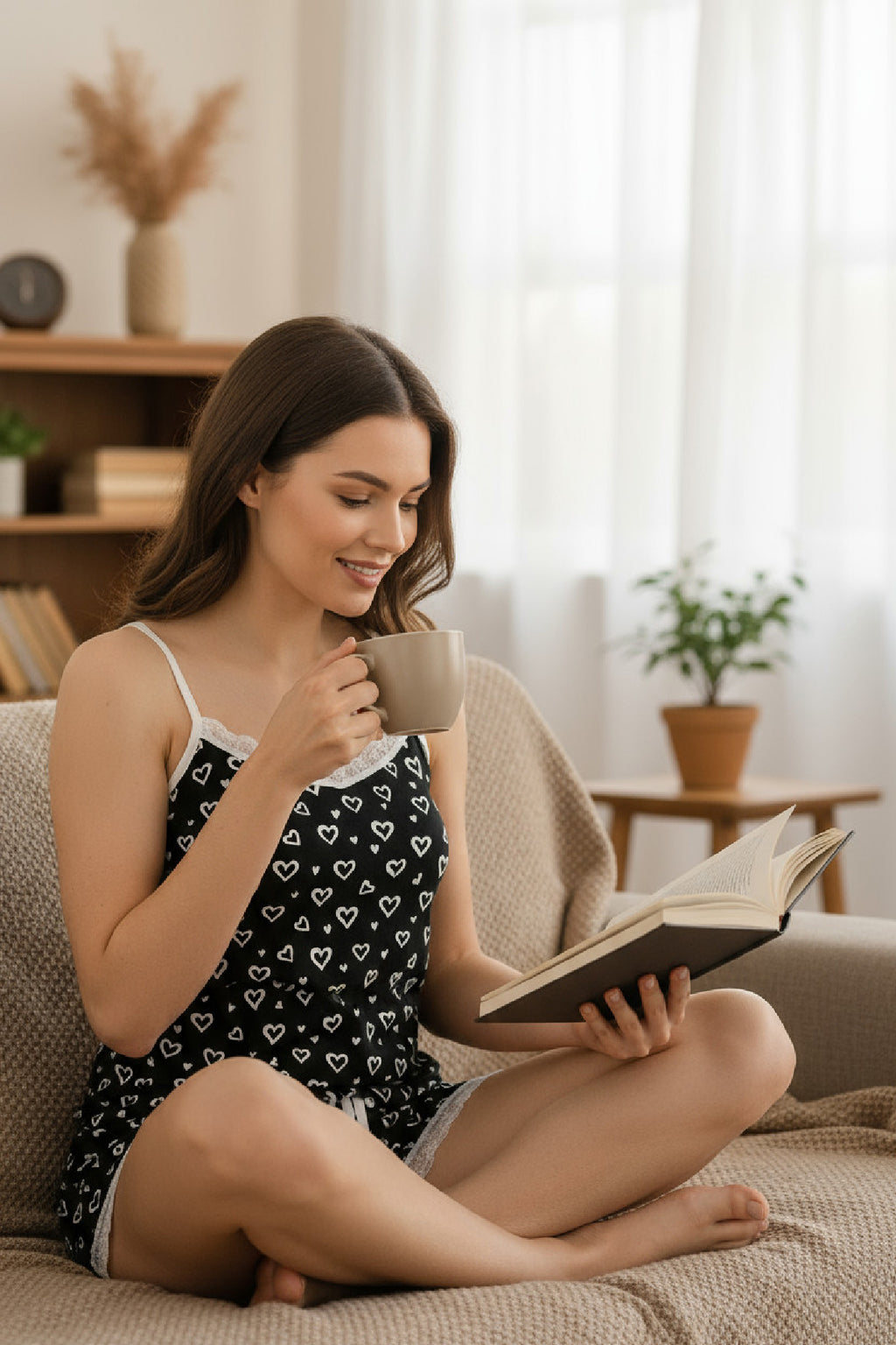 Kadın Turuncu Kalp Desenli Askılı Şortlu Dantelli Pijama Takımı