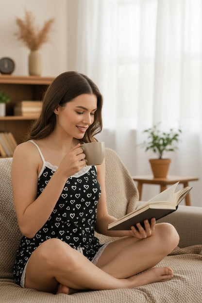 Kadın Turuncu Kalp Desenli Askılı Şortlu Dantelli Pijama Takımı