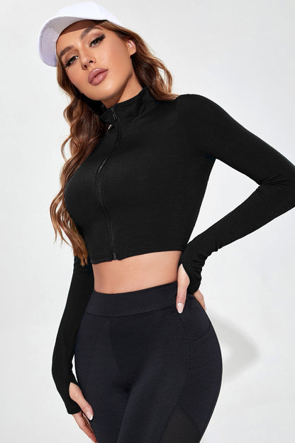 Kadın Siyah Uzun Kol Fermuarlı Parmak Geçme Detaylı Dik Yaka Crop Top Bluz