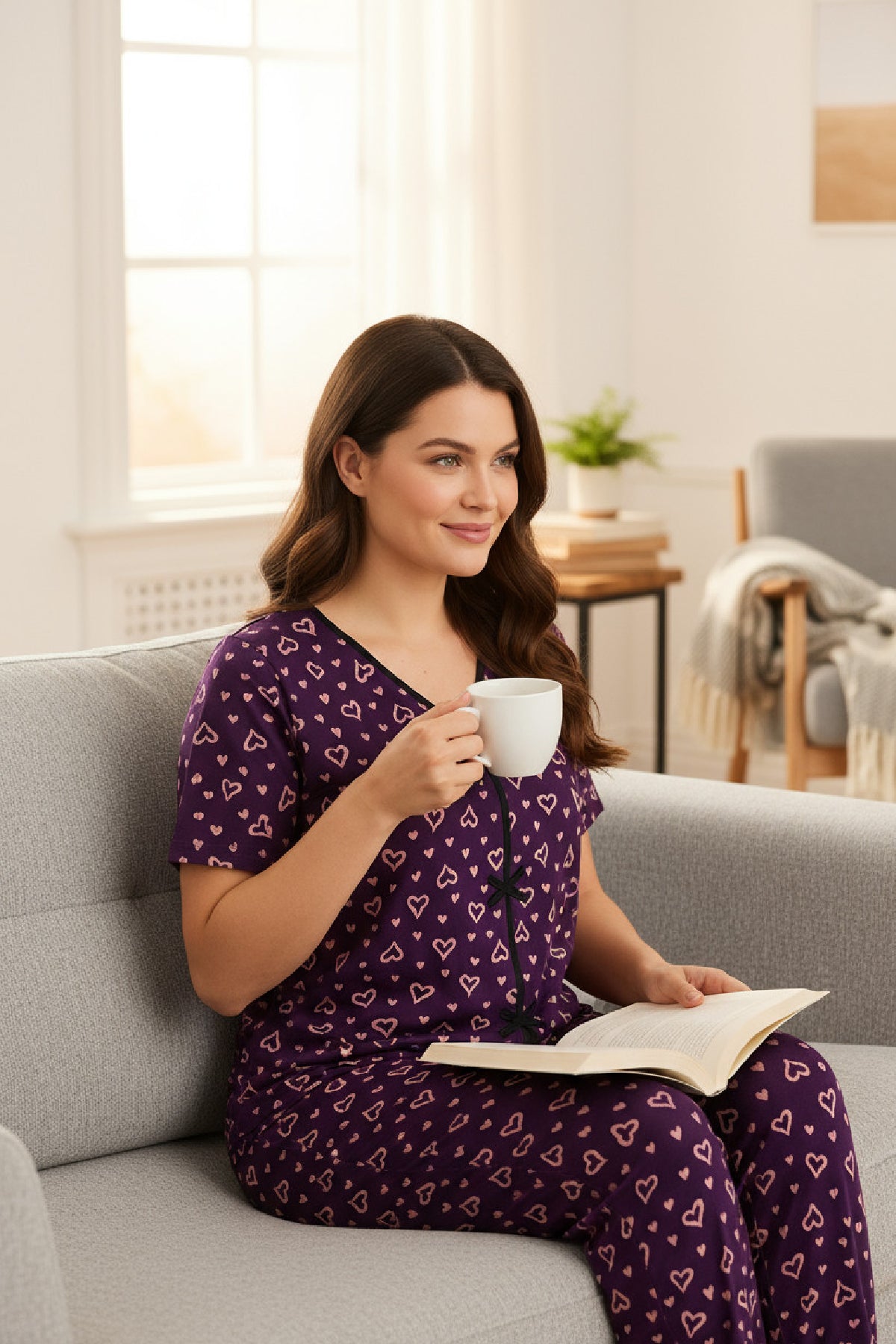 Kadın Turuncu Kalp Desenli Fiyonklu Kısa Kollu Uzun Pijama Takımı