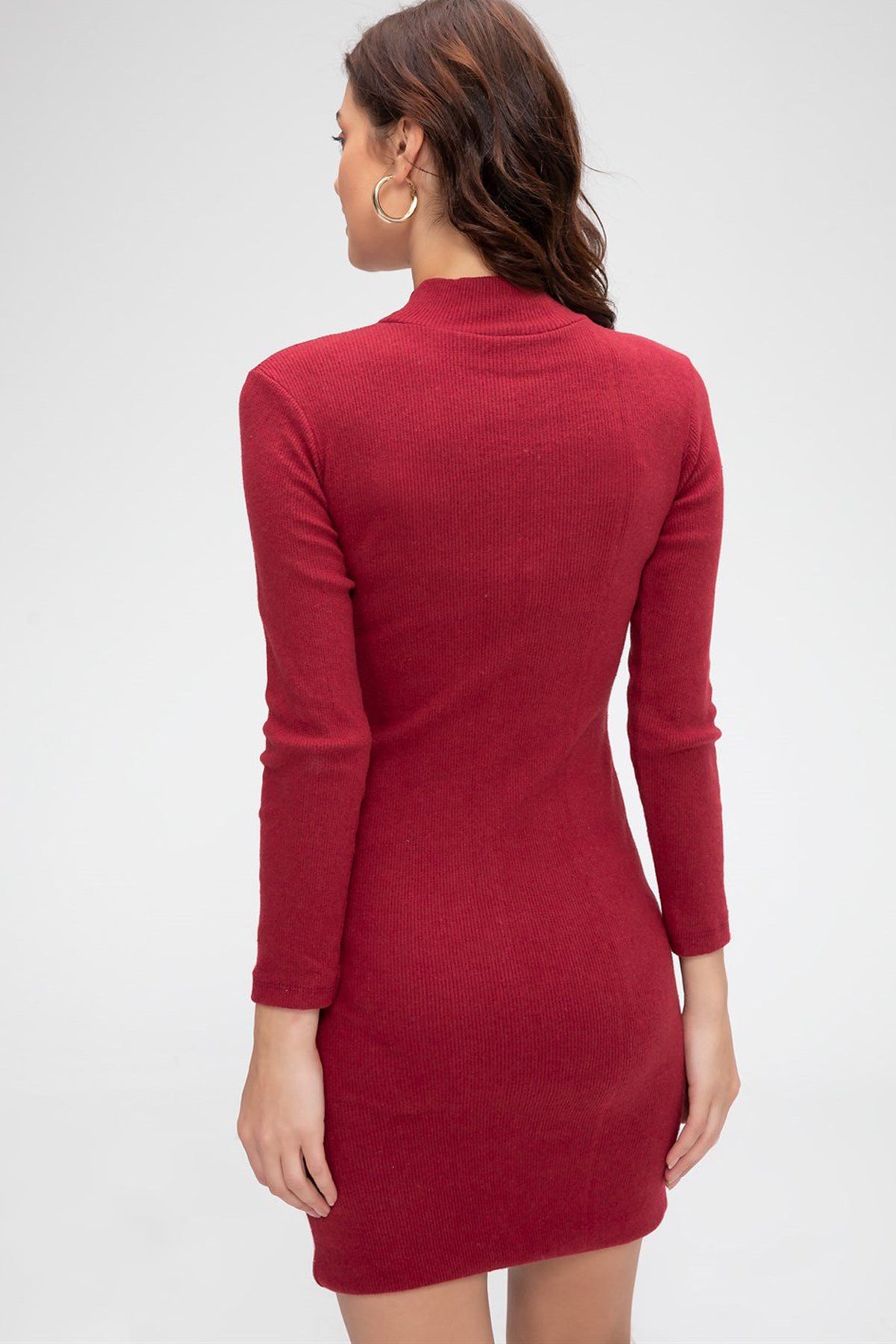 Kadın Bordo Kaşkorse Balıkçı Yaka Uzun Kollu Bodycon Mini Elbise