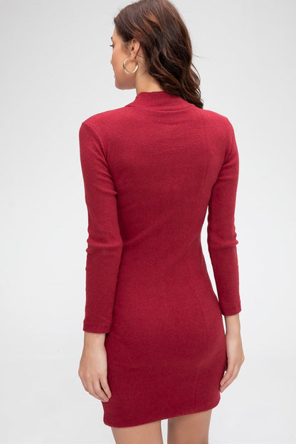 Kadın Bordo Kaşkorse Balıkçı Yaka Uzun Kollu Bodycon Mini Elbise