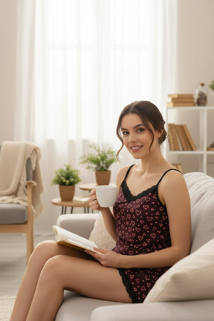 Kadın Turuncu Kalp Desenli Askılı Şortlu Dantelli Pijama Takımı