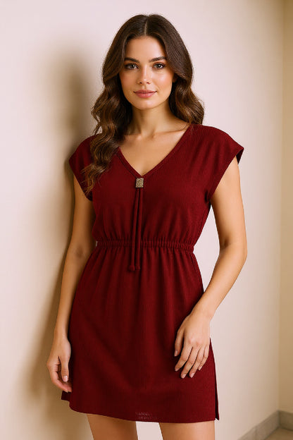 Kadın Haki Yanları Yırtmaçlı Tokalı V Yaka Mini Plaj Elbisesi