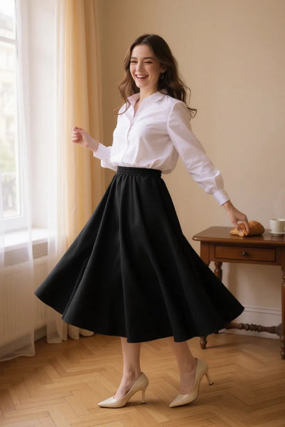 Kadın Kahverengi Double Kumaş Beli Lastikli Cepli Etek