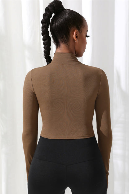 Kadın Kahverengi Uzun Kol Fermuarlı Parmak Geçme Detaylı Dik Yaka Crop Top Bluz