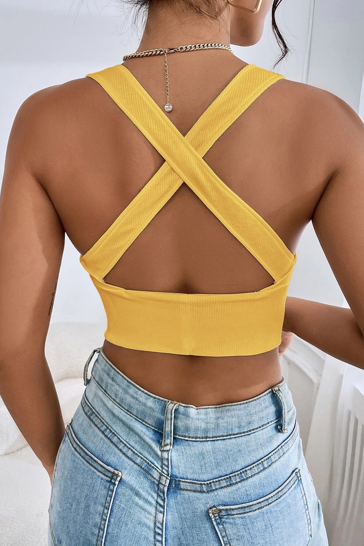 Kadın Sarı Çapraz Sırt Detaylı Şık Crop Top Büstiyer