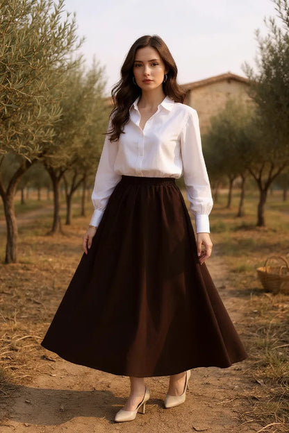 Kadın Kahverengi Double Kumaş Beli Lastikli Cepli Etek