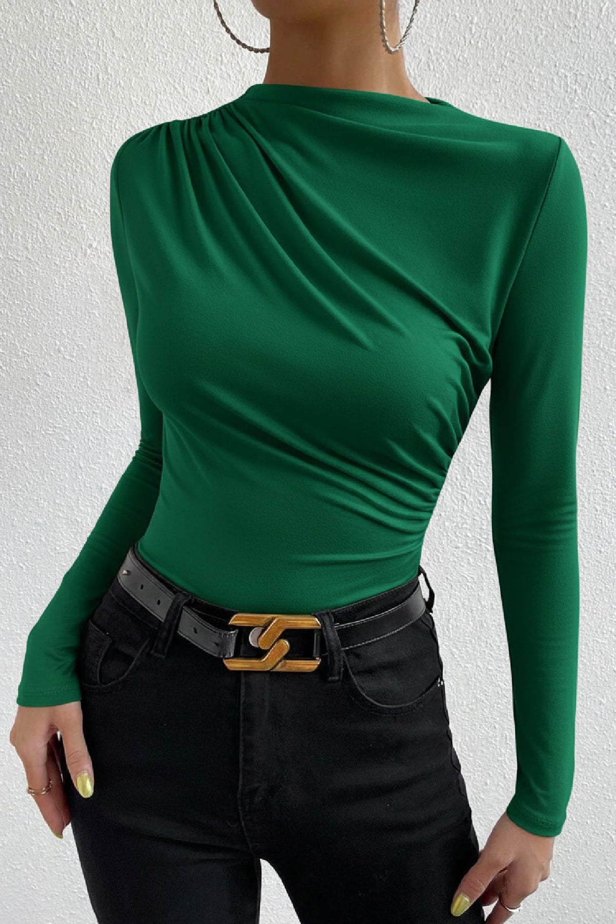 Kadın Bordo Belden ve Boyundan Büzgü Detaylı Uzun Kollu Bluz