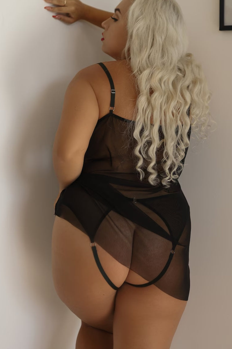 Transparan Siyah Büyük Beden Kısa Tül Gecelik