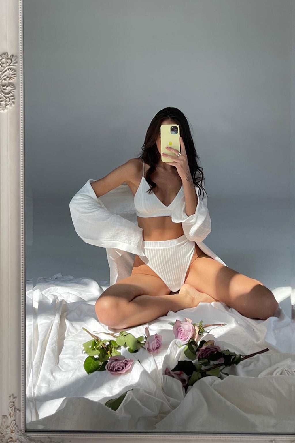 Kadın Beyaz Yüksek Bel Dolgusuz Slip Takım