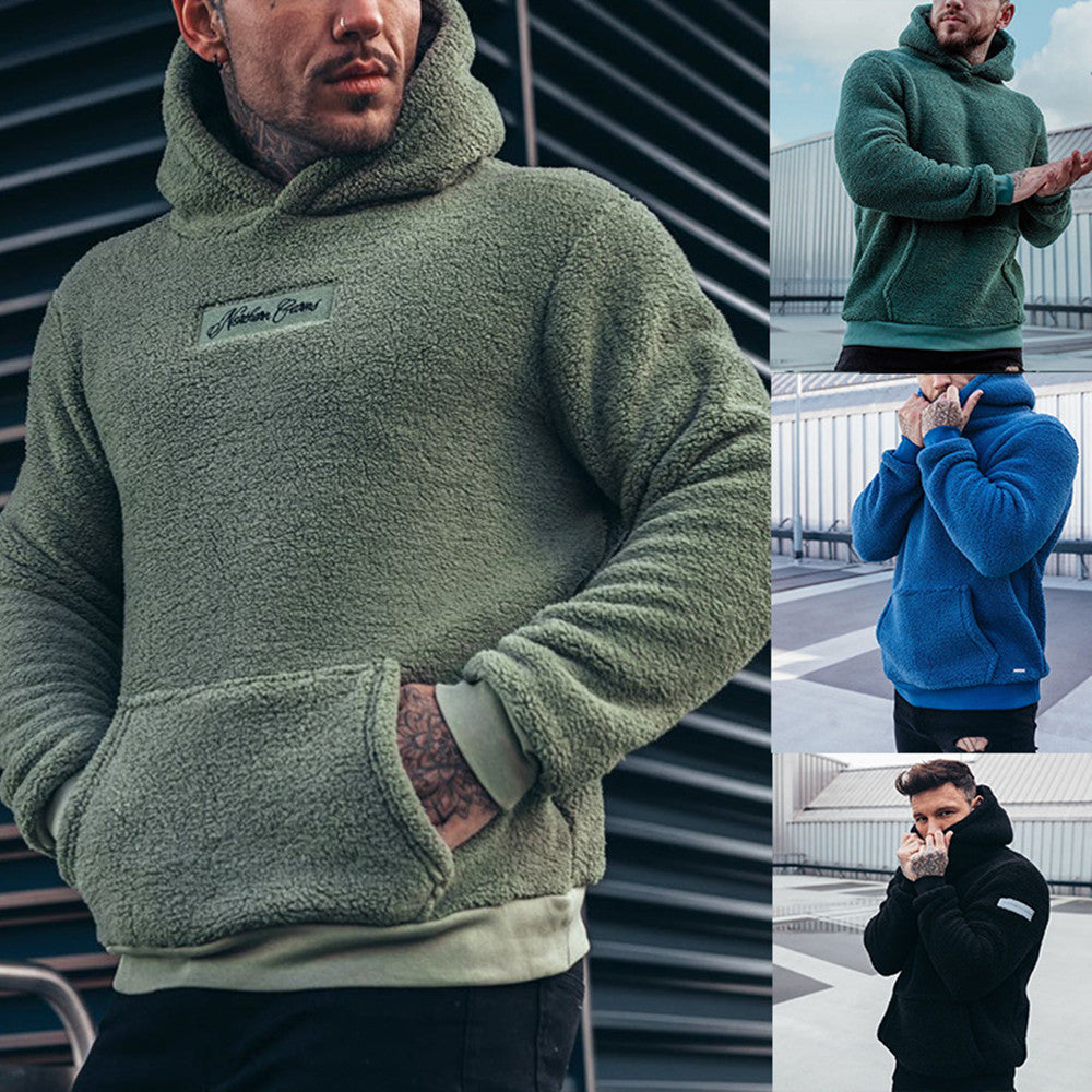 Erkek Peluş Kapüşonlu Sweatshirt Büyük Cepli Moda Uzun Kollu Kazak