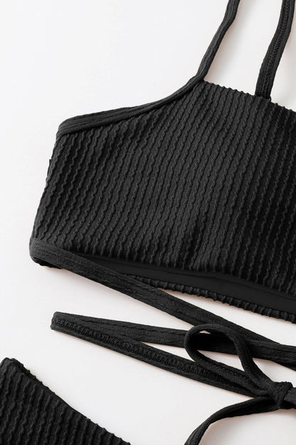 Kadın Siyah Çapraz Bağlama Detaylı Yüksek Bel Bikini Takımı