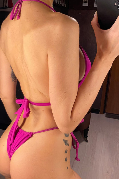 Kadın Fuşya Yandan Bağlamalı Tangalı Üçgen Bikini Mayo Takımı