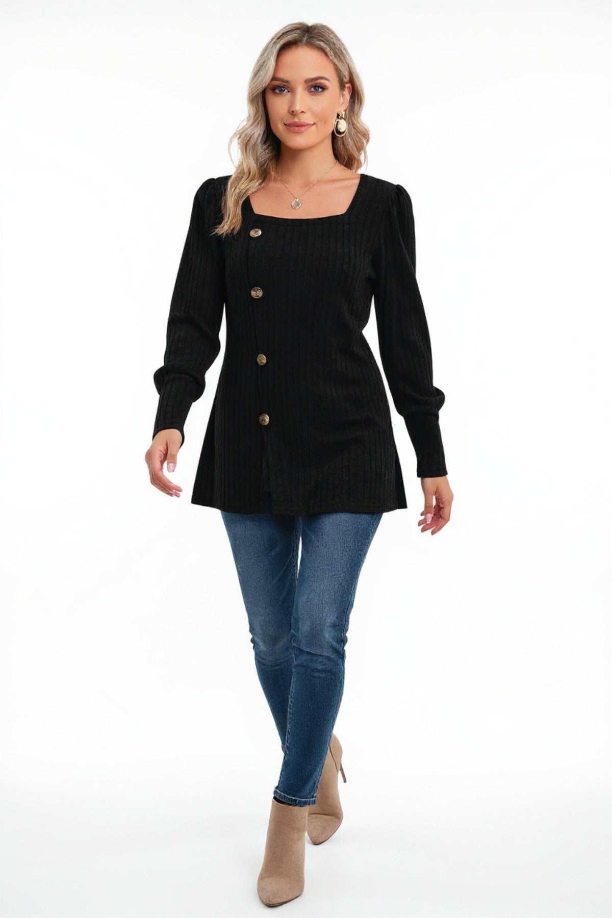 Kadın Uzun Kollu Düğmeli Mevsimlik Bluz – Yumuşak Dokulu, Esnek ve Sıcak Tutan Kumaş