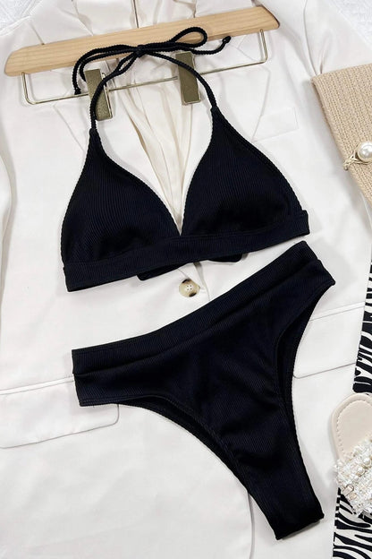 Kadın Siyah Boyundan Ve Belden Bağlamalı Yüksek Bel Bikini Takımı