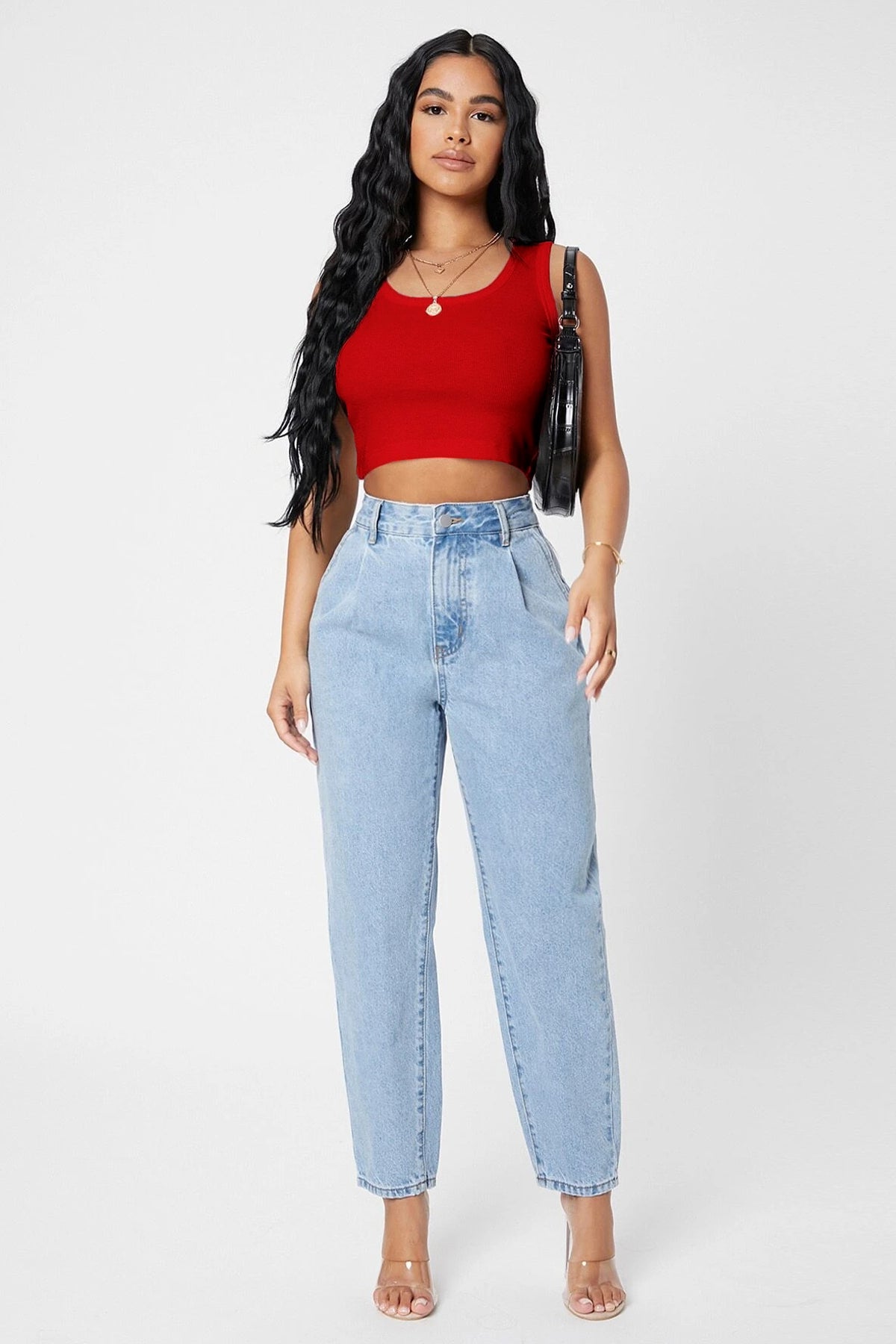 Kadın Kırmızı Kare Yaka Crop Top Bluz