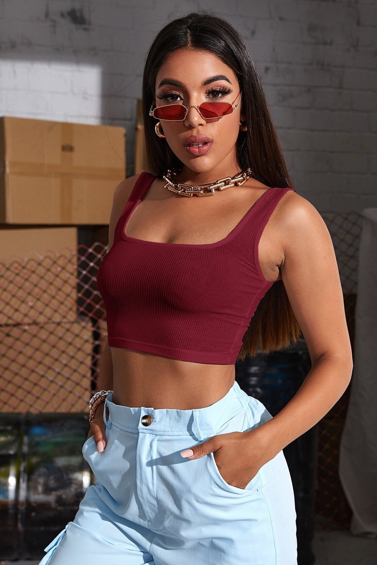 Kadın Bordo Kalın Askılı Crop Top Büstiyer