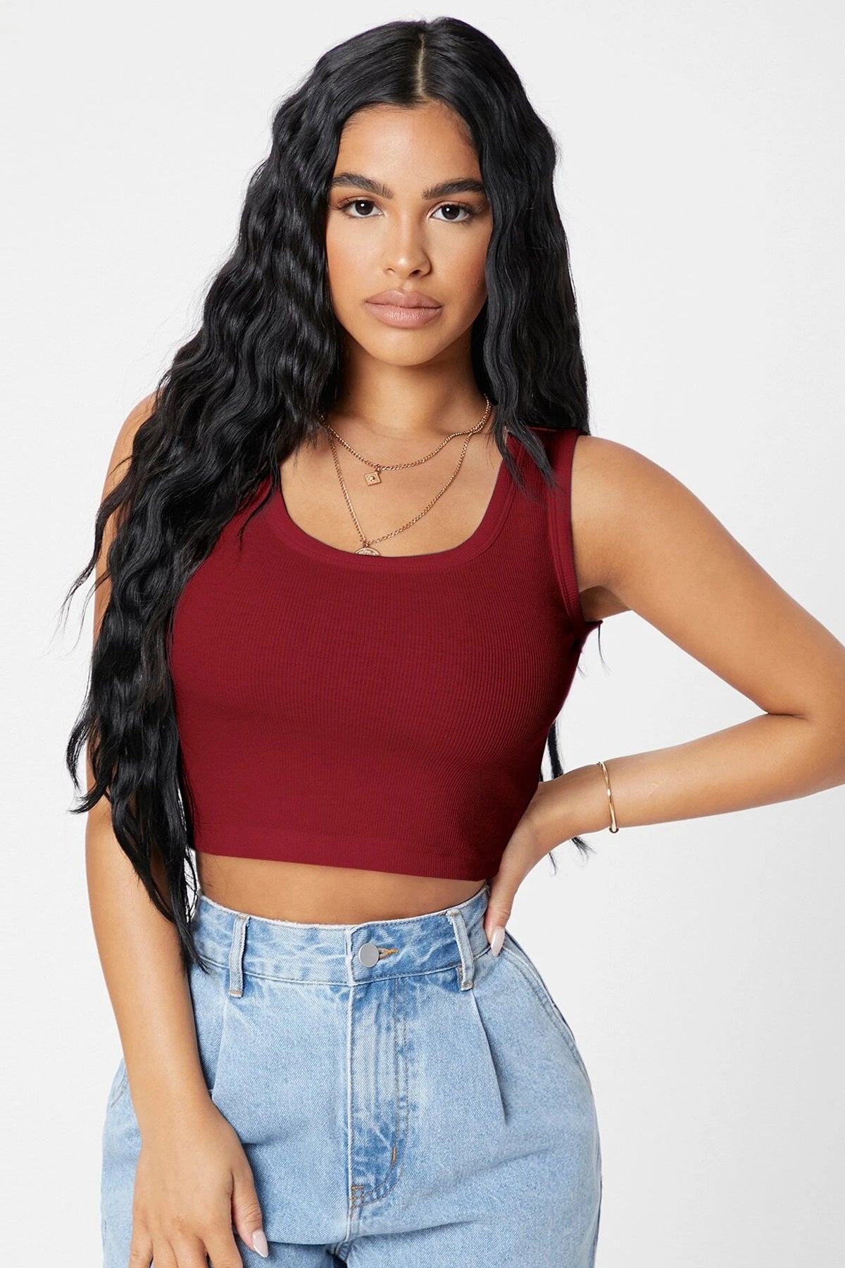 Kadın Bordo Kare Yaka Crop Top Bluz