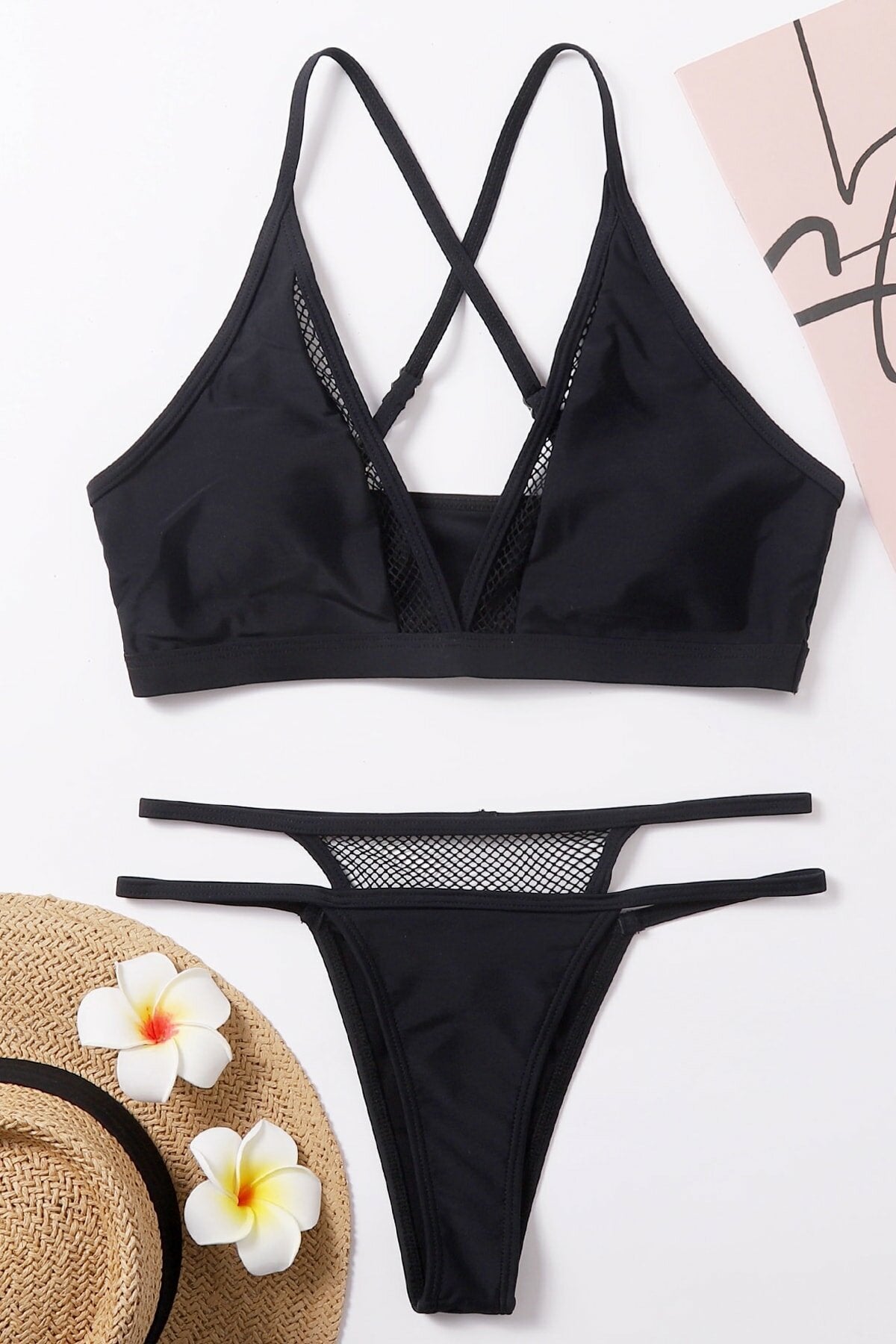 Kadın Siyah File Detaylı Özel Bikini Takımı