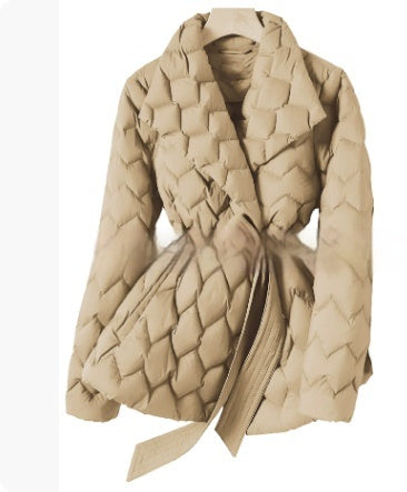 Kışlık Dalgalı Dikişli Ceket Kemerli Moda Sıcak Cepli Yakalı Mont Kadın Mizaç