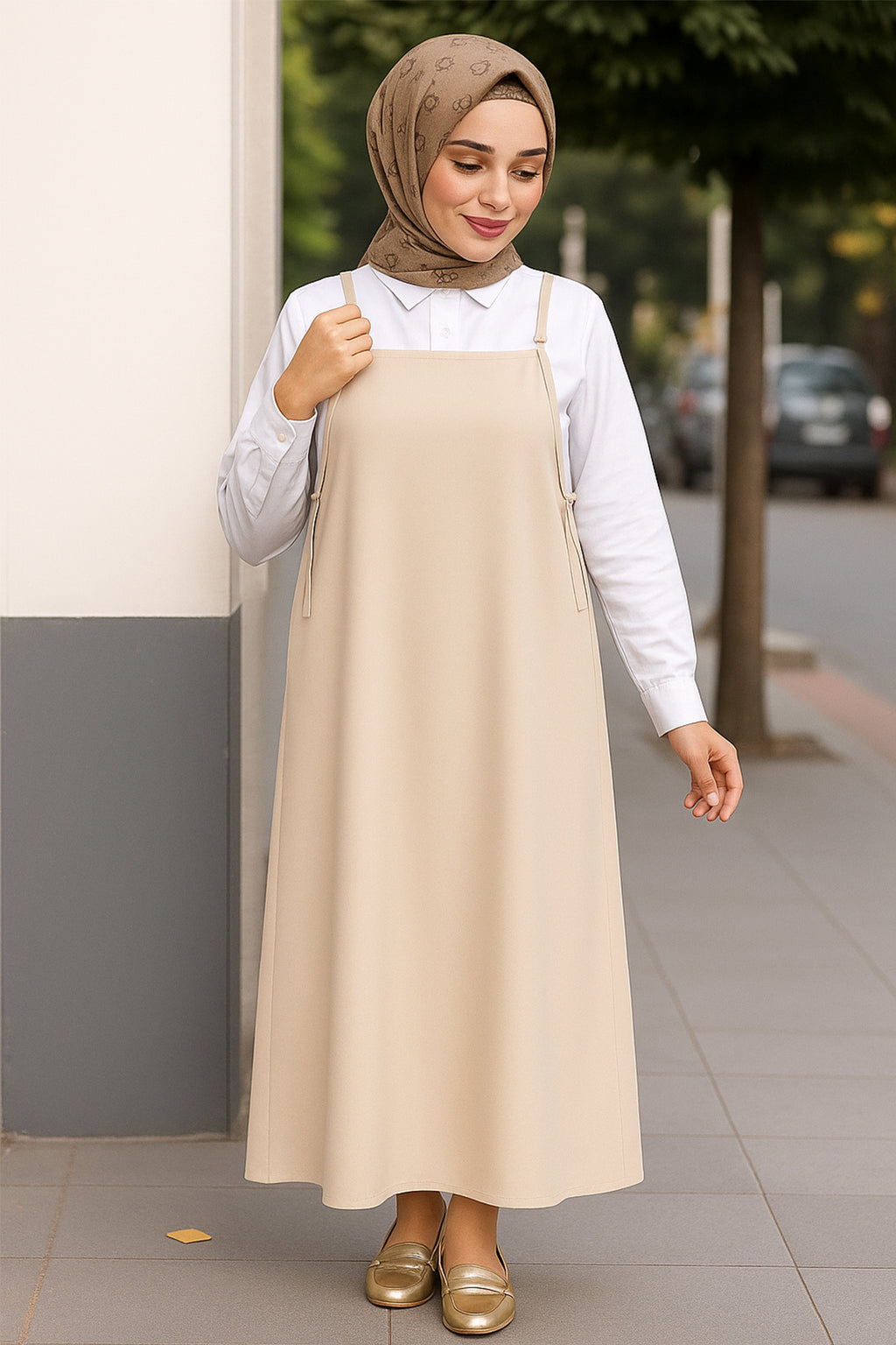 Kadın Kahverengi Basic Ayarlanabilir Askılı Jile Elbise