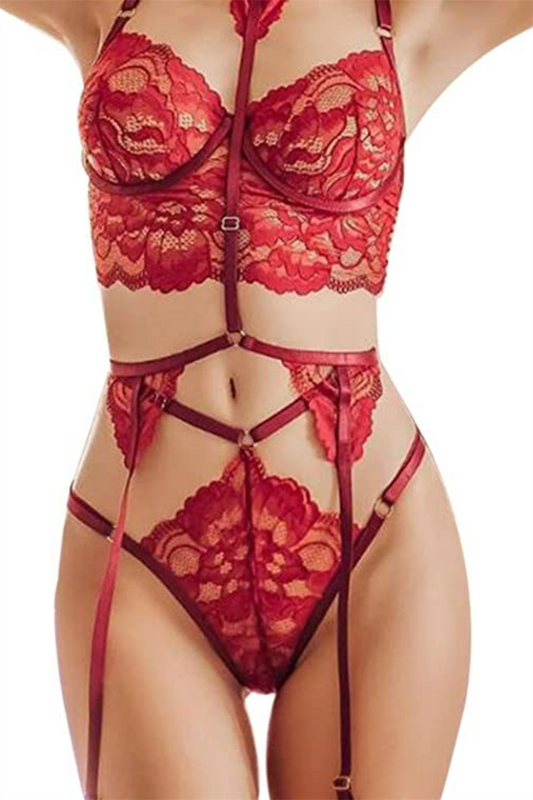 Kırmızı Dantel Harnes Detaylı Seksi İç Çamaşırı 16026