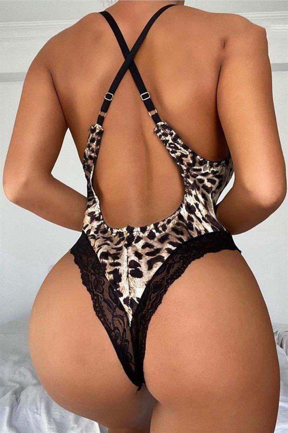 Leopar Desen Dantelli Sırtı Açık Babydoll 15011
